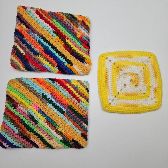 NEW Handknit Crochet 3pc Pot‎ Holder Trio Multicolor Yellow Boho Retro - Picture 4 of 6